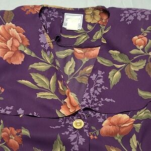 Vintage Kristy Michaels Floral Blouse Womens 16 Purple Gold Button Back Tie Top